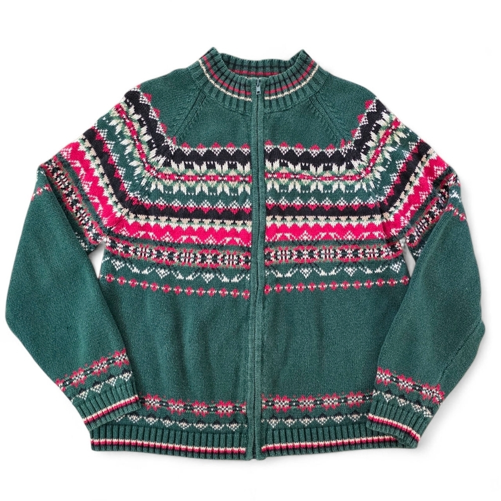 Vintage Tiara International Fair Isle Zip Cardigan Sweater – Women Size Large